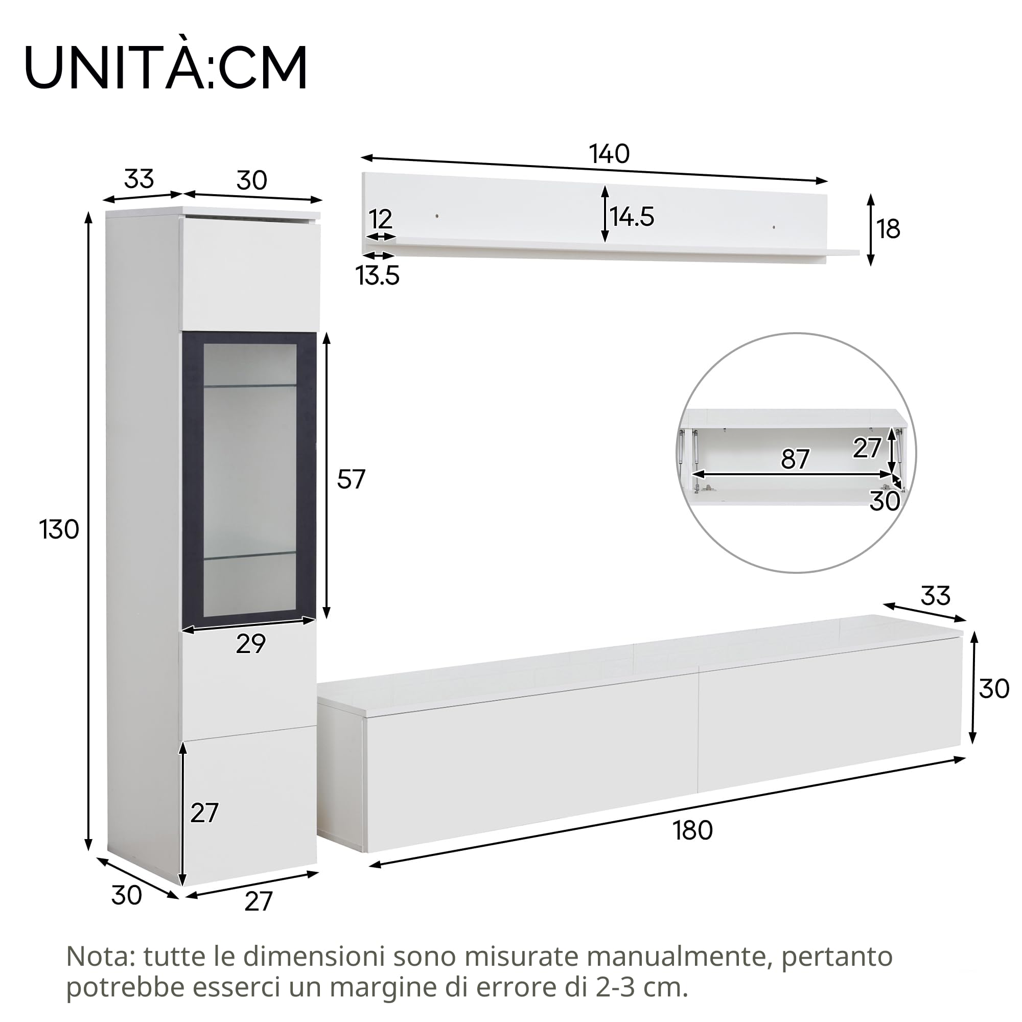 Set di 3 mobili per soggiorno, TV, illuminazione LED, colore: bianco brillante, 1 armadio, 1 mensola sospesa, 1 vetrina