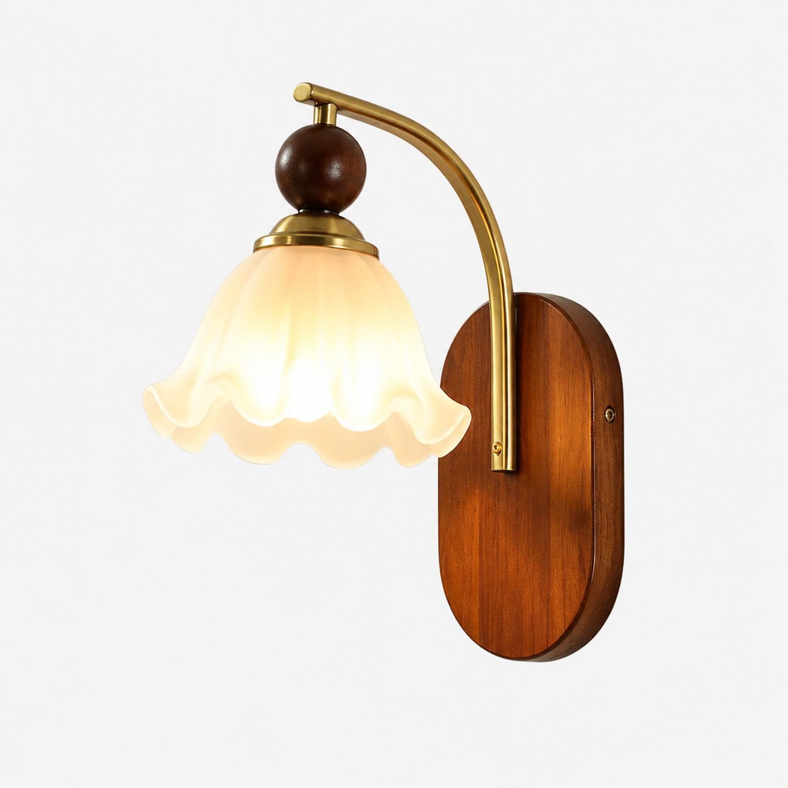 Owalna drewniana płytka lampa ścienna, szklany klosz kwiat, E27