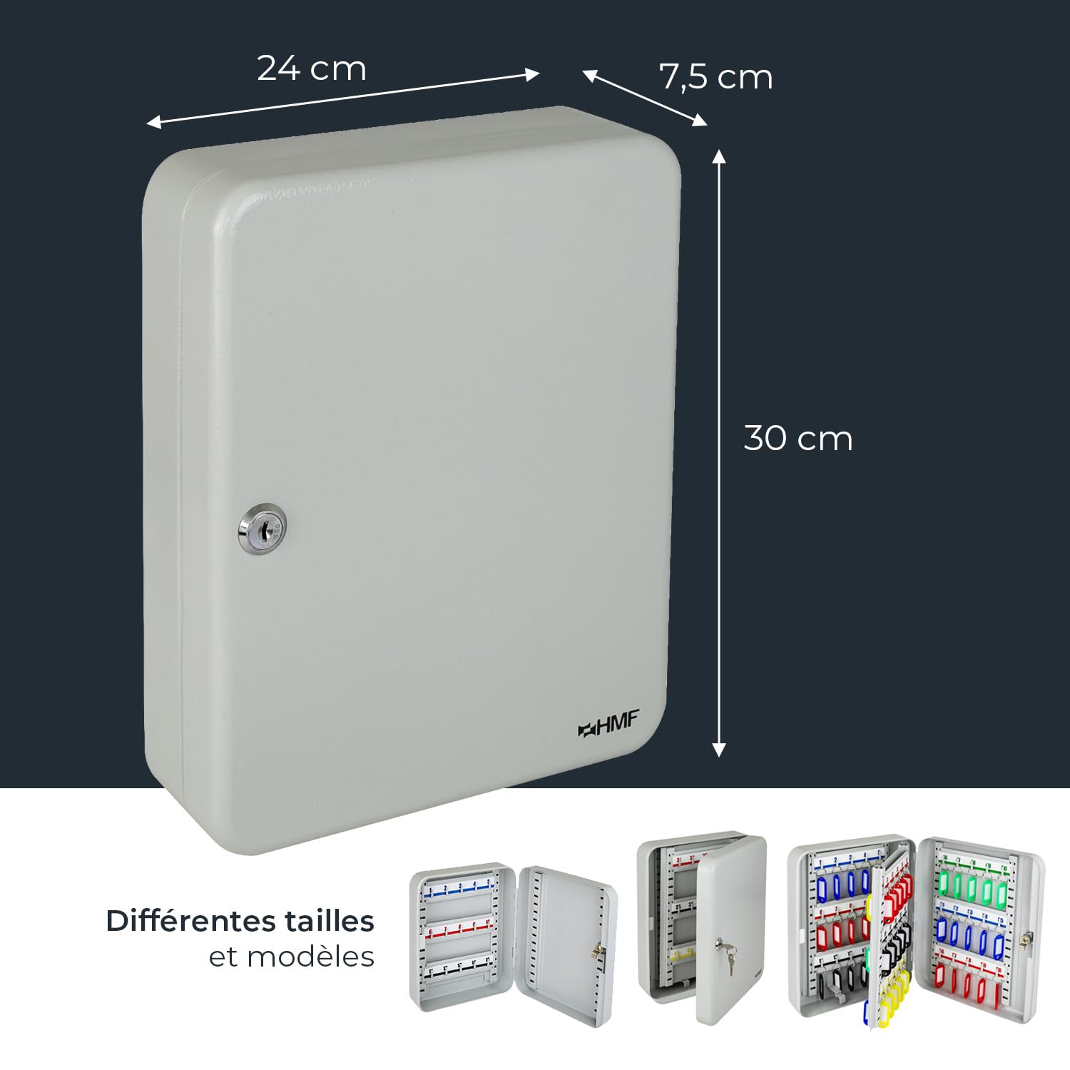 HMF Grande Armoire à clés en Acier, Coffret à clés verrouillable avec Serrure pour entrée, Bureau ou Garage | 40 Crochets pour clés | 30 x 24 x 7,5 cm | Gris Clair