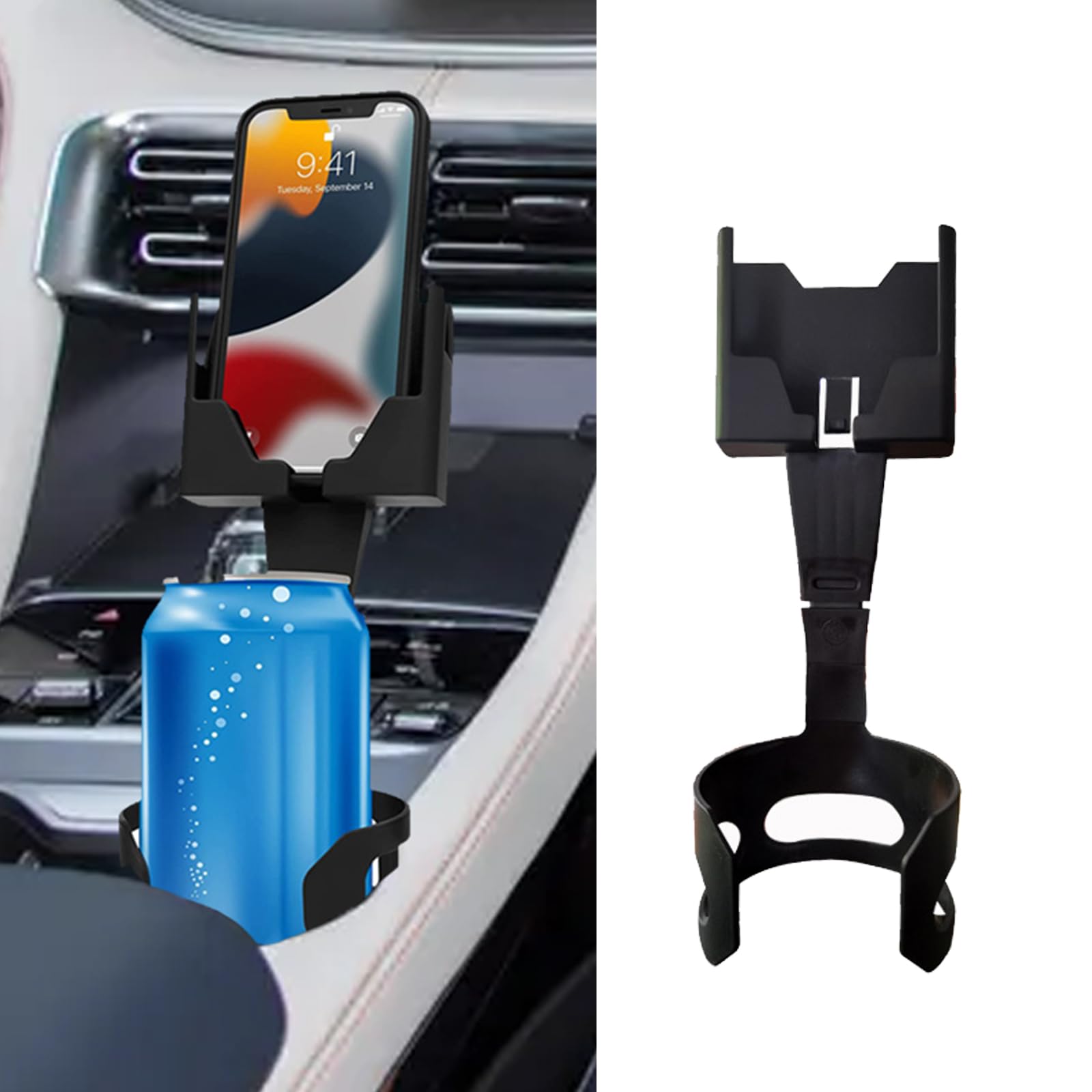 Dewkou1 PC 2-in-1 Multifunctional Large Capacity Car Cup Holder Phone Mount, 9.2In Stable ABS Car Cup Holder Expander with Long Arm, Universal Waterproof Phone Cradle for All Smartphones (Black)