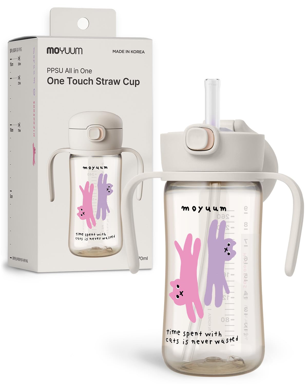 MOYUUM Leak Proof Sippy Cup with Handle | Made in Korea, 100% BPA Free PPSU, Magic No Spill Straw Cup with Attached Flip Top Lid, Easy to Hold for