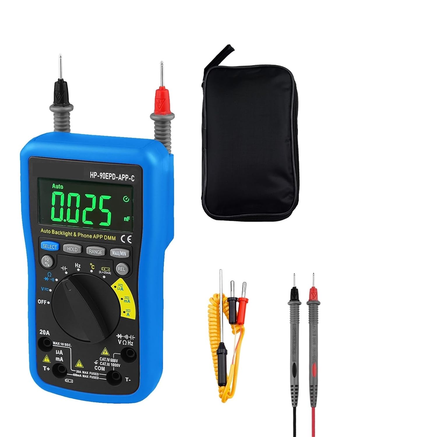 RMS 6000 Count Auto-Range Multimeter, Color AC/DC V/A Ohm Cap Temp Freq, CAT III 1000V Safety
