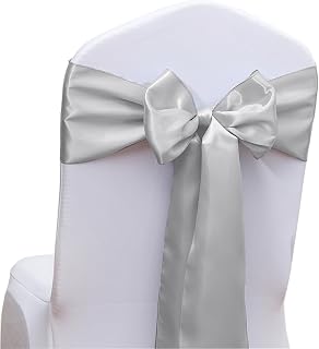 Pack of 50 Silver Satin Chair Sashes Bows 7x108 inches Grey Chairs Sash Ribbons Ties for Wedding Party Brithday Anniversary Ceremony Christmas Decor - Silver
