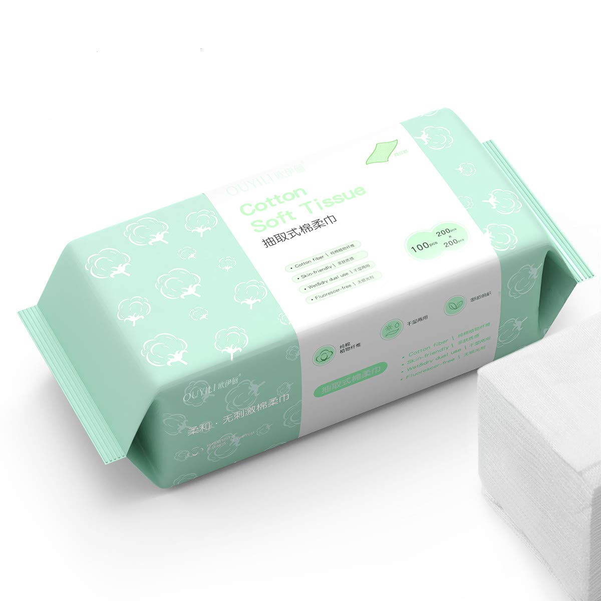 Dry Wipes,Cotton Facial Tissue,OUYILI 100% Soft Reusable Tissues 100 Count Lint-free Wipes Fluorescer-Free Cotton Tissues Great for Sensitive Skin and Can Be Used as Baby Washcloths,Makeup Wipes