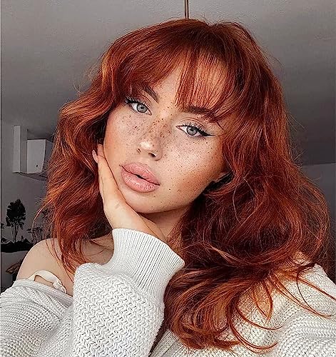 YEESHEDO Copper Red Short Auburn Bob Wigs with fringe for Women Natural Wavy Curly Hair Wig Heat Resistant Synthetic Wig for Ladies Daily Use or Cosplay Party Costumes,14inch - Image 2