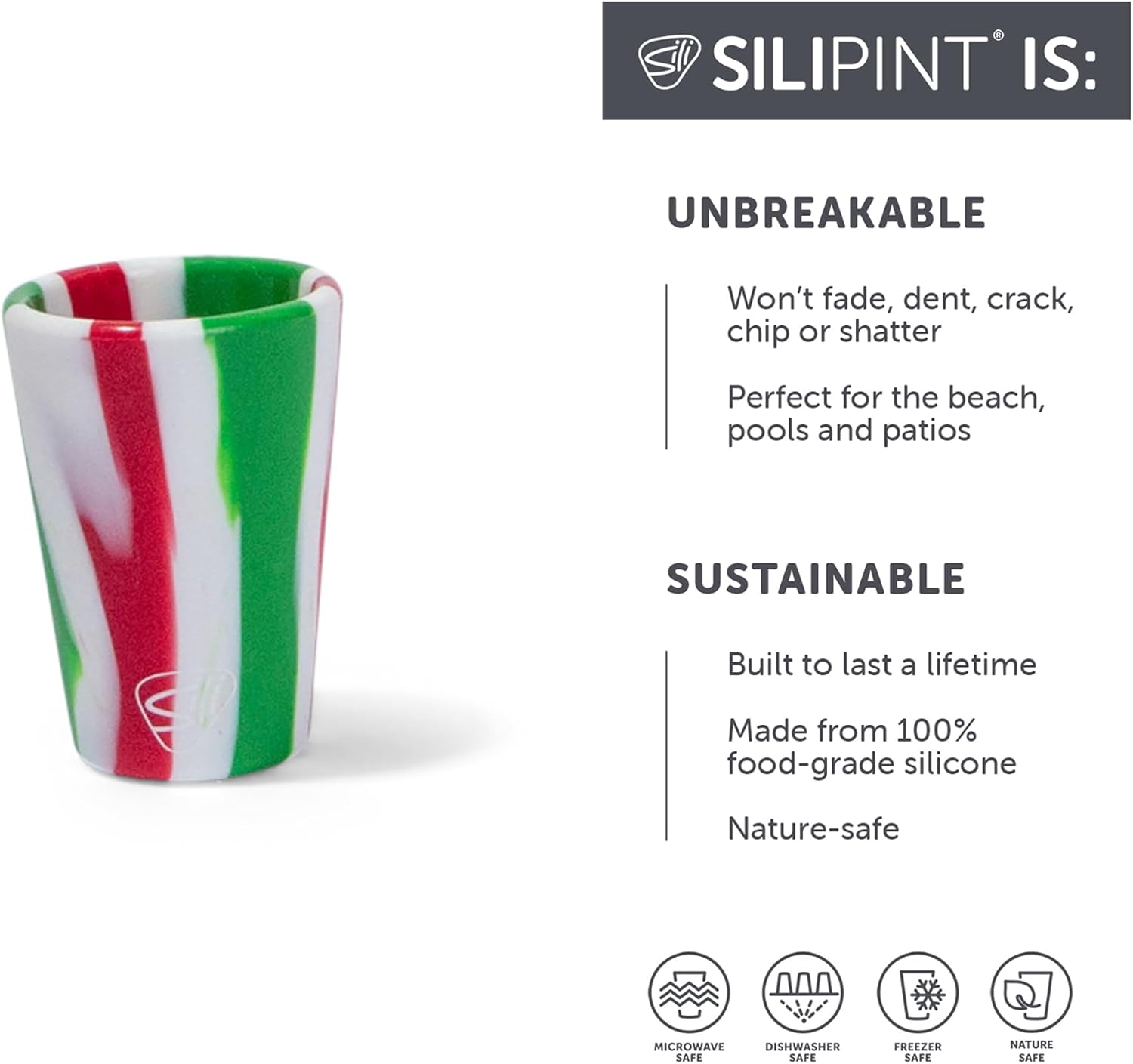 Silipint: Silicone 1.5oz Shot Glasses: 6 Pack - 3 Poinsettia & 3 Peppermint - Unbreakable, Holiday & Christmas Gift, Dishwasher-Microwave-Freezer Safe