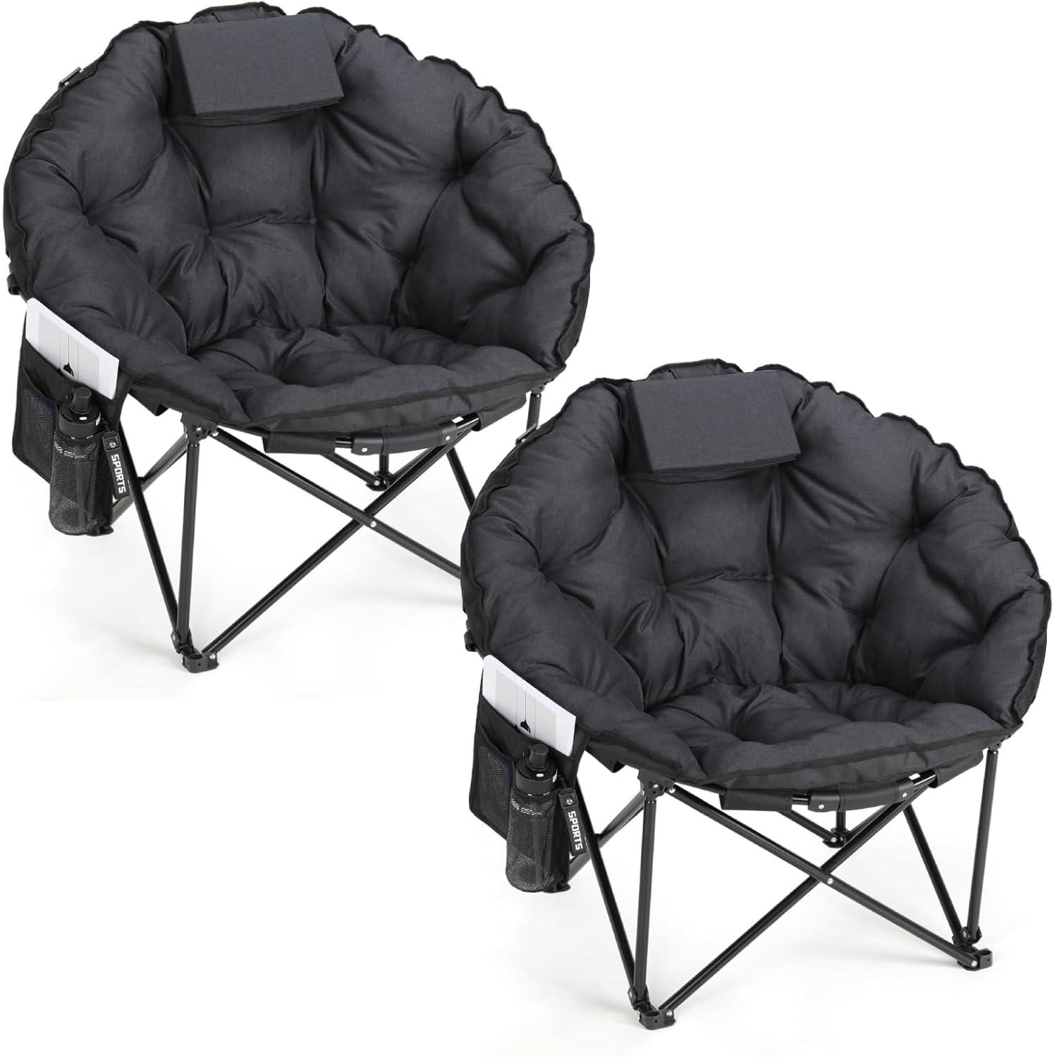 LIFERUN 2PCS Camping Chair 95×83×93cm, Folding Moon Chair with Cotton Padded Seat, Headrest, Cup Holder, Non-slip Feet, Storage Bag & Support 150KG, Oversized Portable for Garden/Fishing/Beach/Indoor