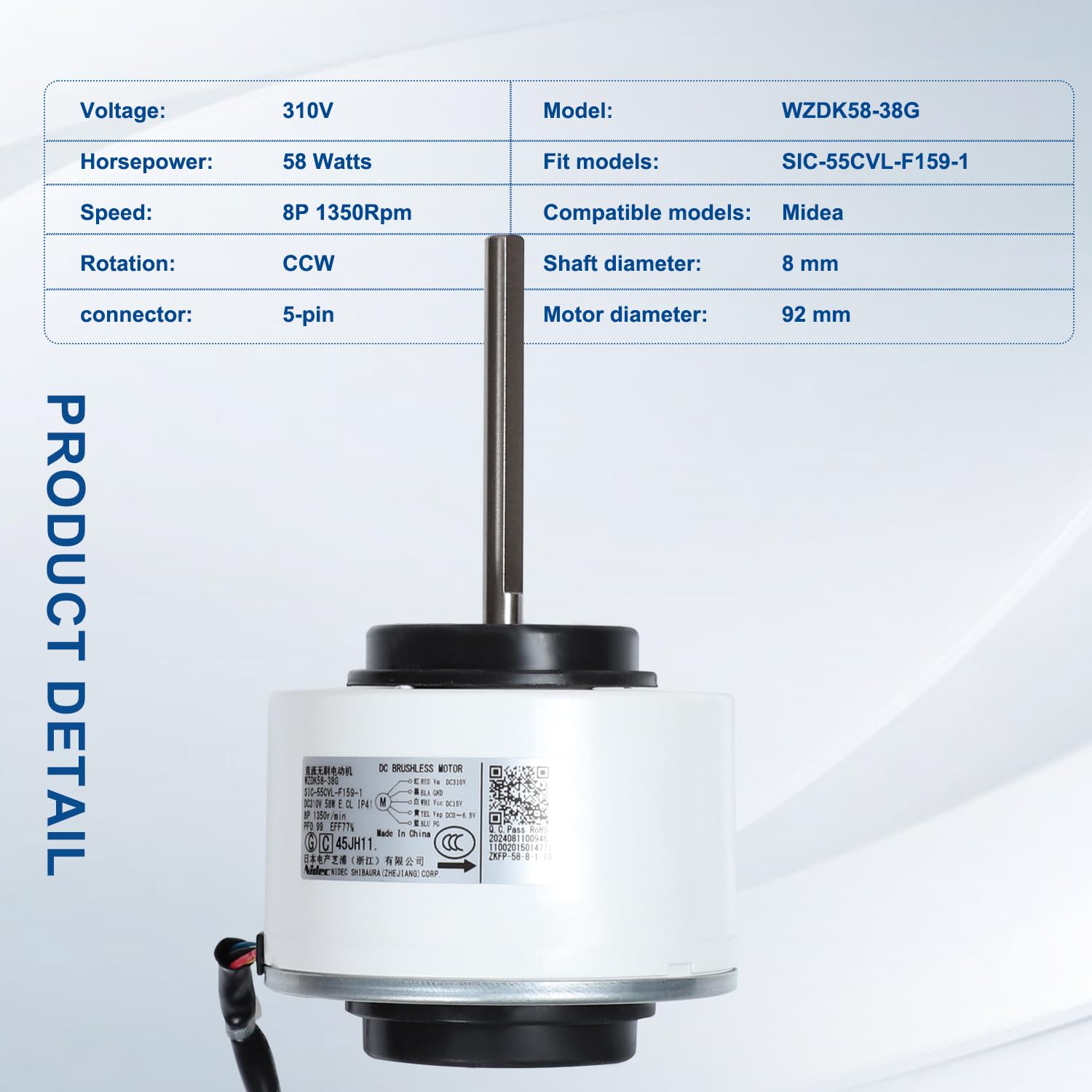 WZDK58-38G Klimaanlage Bürstenloser Gleichstrommotor SIC-55CVL-F159-1 310V 58W 8P 1350r/min CCW 5 Drähte Inverter Klimaanlage Motor für Klimaanlage