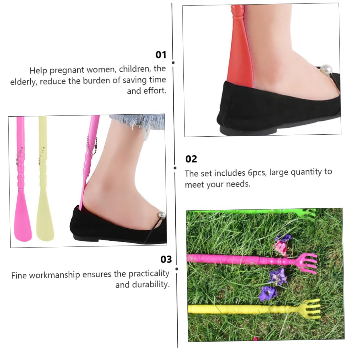 6 calzascarpe multifunzionali con grattaschiena Sollevatori di scarpe durevoli e strumenti di massaggio per donne incinte e anziani Accessori per scarpe pratiche colori misti/34271