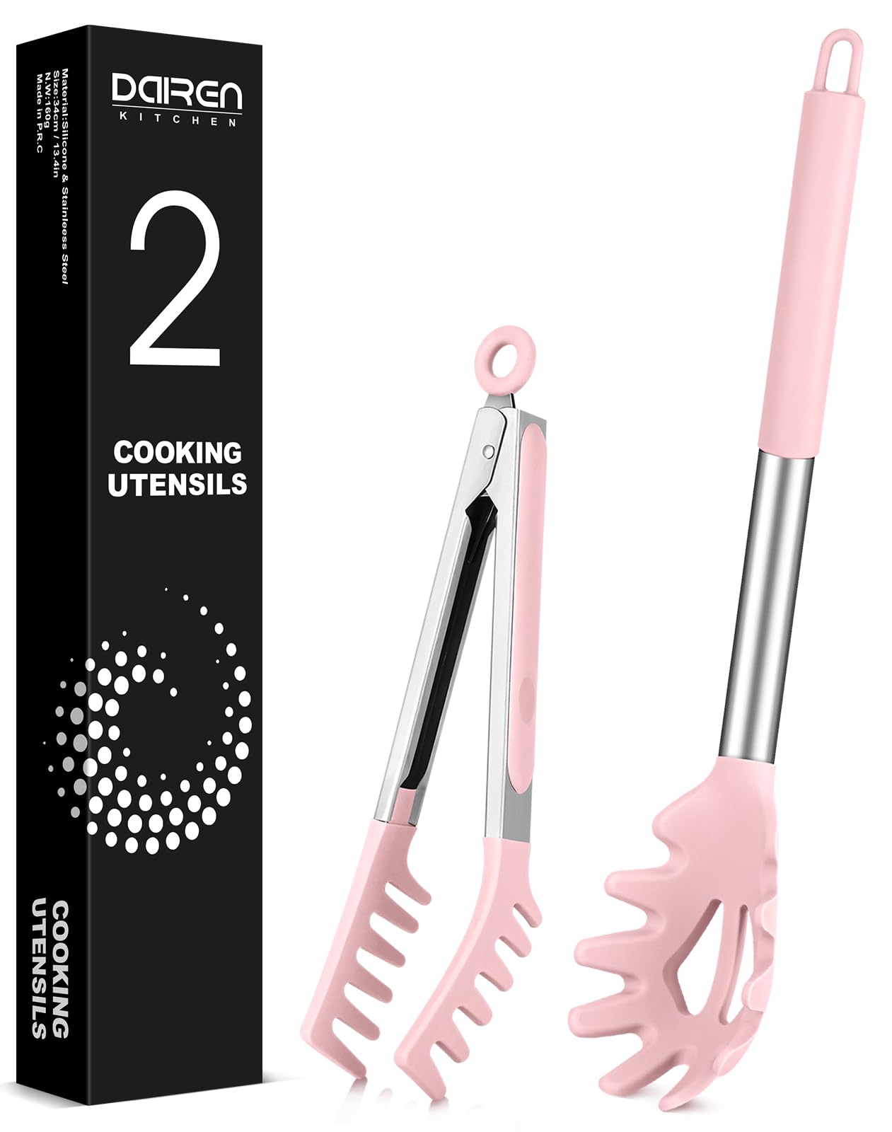 Spaghetti Spoon and Pasta Tong, Non-Stick Silicone Spoon Server Fork with Teeth and Stainless Steel Handle, Food Clip for Noodles, Pink