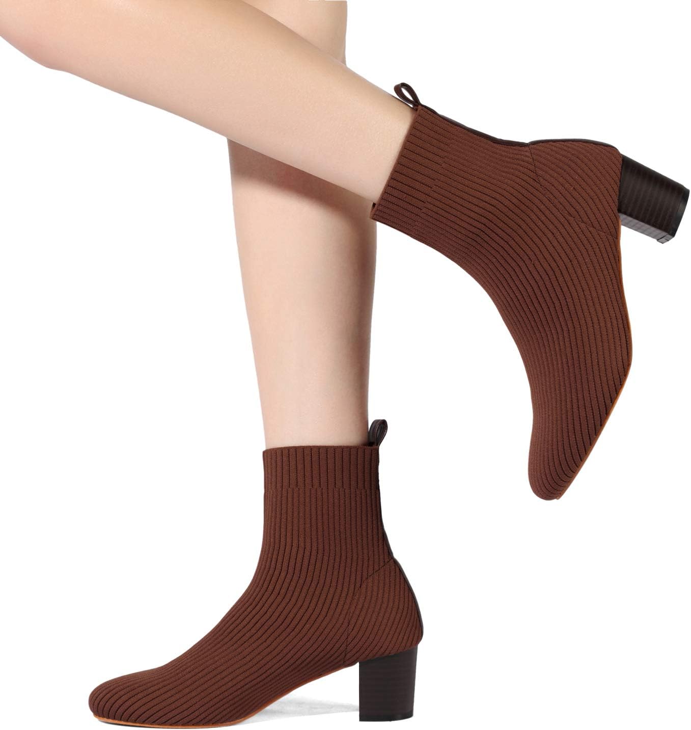 GATUXUS Women's Glove Chunky Mid Heel Ankle Boots Pointed Toe Knit Sock Style Booties Casual Warm Shoes