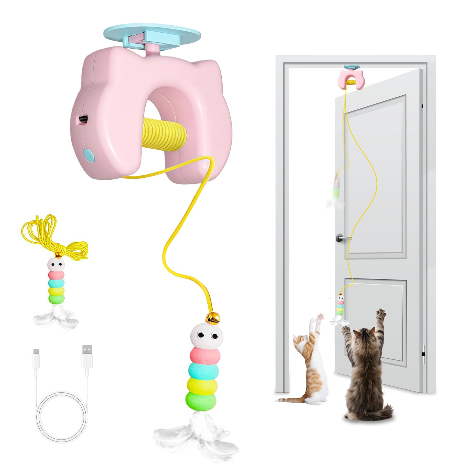 Lwuey Automatic Door Hanging Cat Teaser, Interactive Cat Toy Chew Play Chasing Exercise Auto Retracive 2 Teasers USB Charging Long Standby Time Easy to Carry