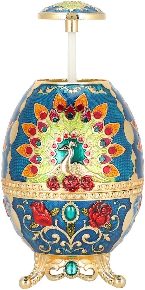 Retro Metal Peacock Egg Shape Toothpick Holder, Multifunctional Portable Storage Box, Vintage with 3D Relief Peacock Pattern, Dust and Proof Lid, Safe Non Material