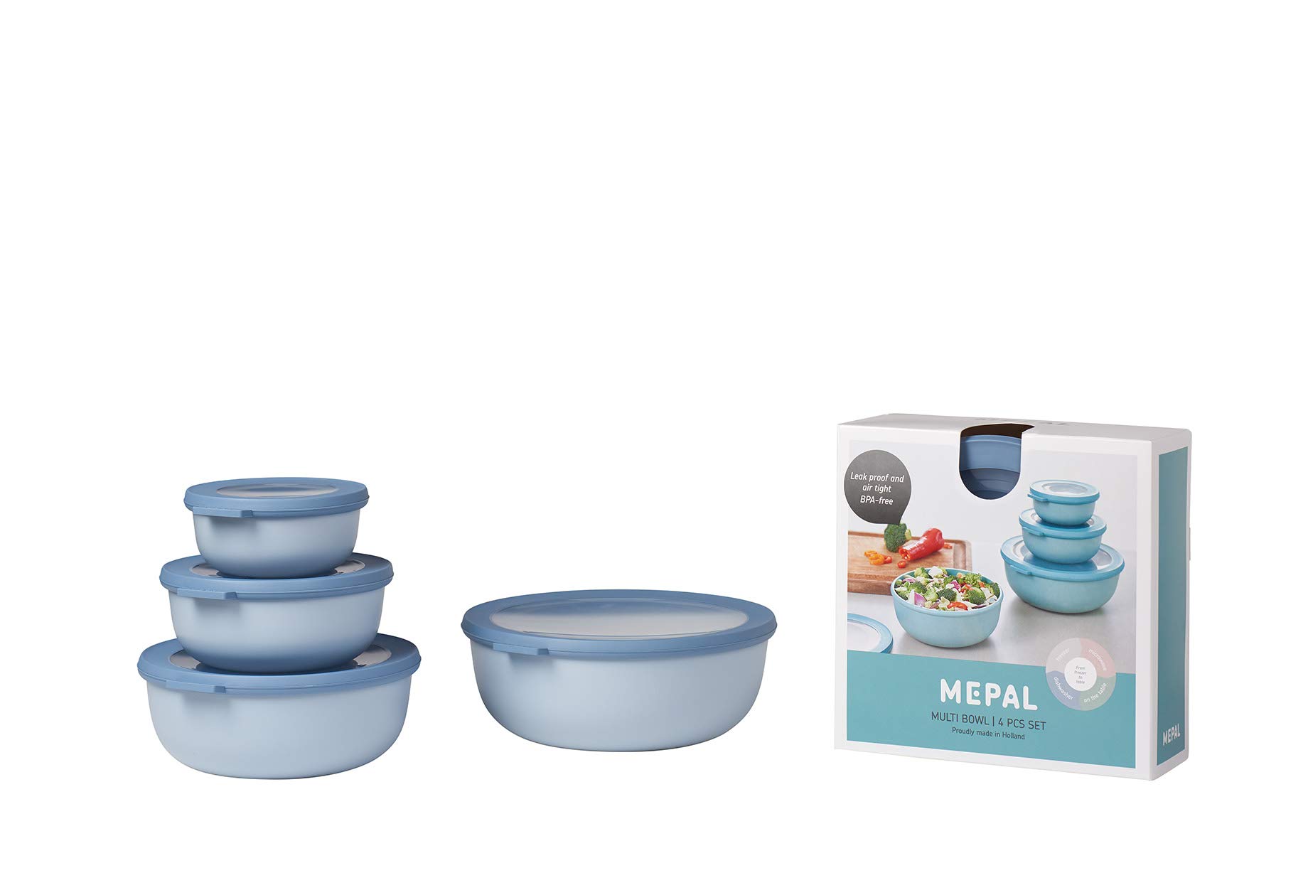 Mepal – Multi bowl Cirqula 4-piece set Nordic blue – 350, 750, 1250, 2250 ml – Food storage containers with lid – Airtight storage box for fridge & freezer, microwave container & serveable dish