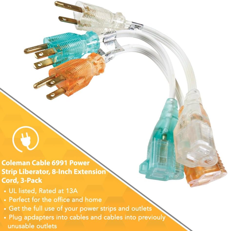 Woods Light Duty Indoor Extension Cord, 8-Inch, 16 Gauge, 3 Conductor, 3-Pack Adapter Cords, White, 6991