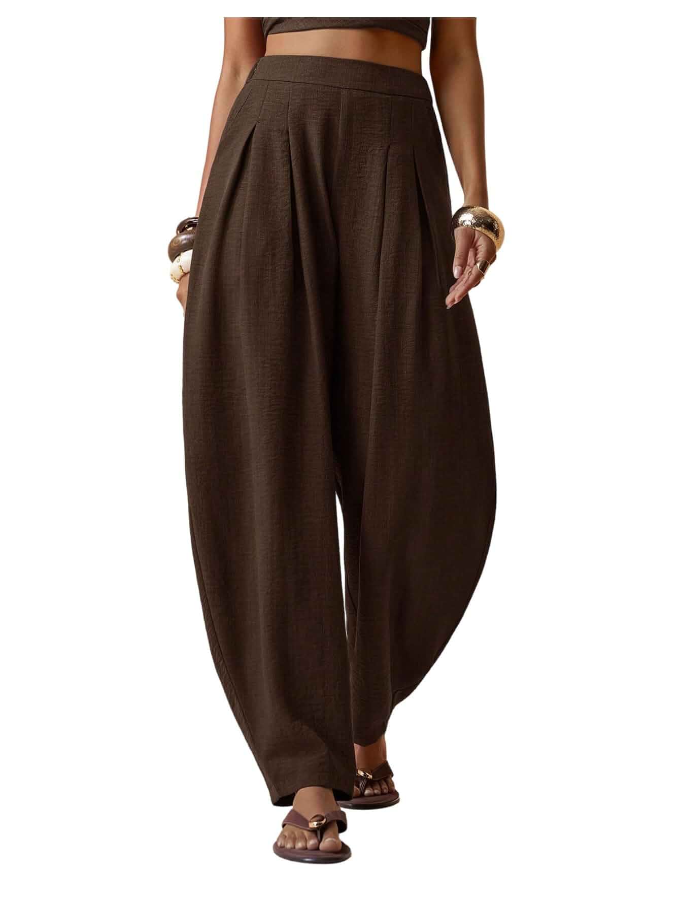 BEAUDRM Women's Pleated Wide Leg Barrel Pants Elastic Waist Baggy Trousers Pleated, Casual, Wide Leg Pants, Vacation, Autumn Barrel Pant