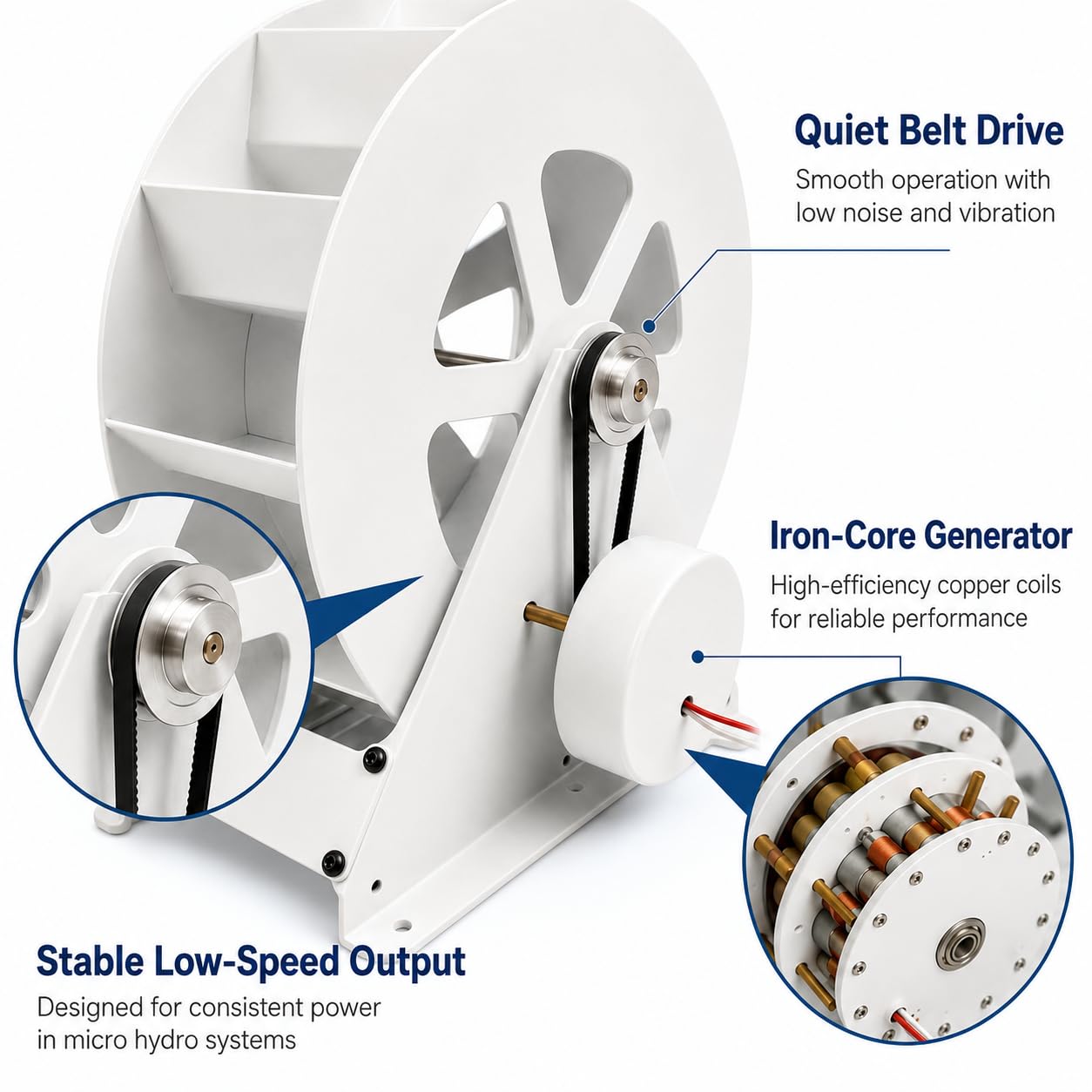 Generador de turbina de agua portátil de 100 W | Cuerpo de acero, transmisión por correa silenciosa, uso de bajo flujo cerca de arroyos, desagües y electrónica al aire libre