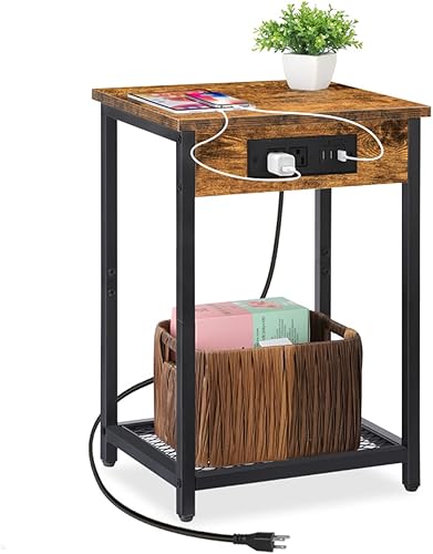 melos Mesitas de noche con estación de carga, mesita de noche de 2 niveles con puertos USB y tomas, mesa auxiliar estrecha con estante de