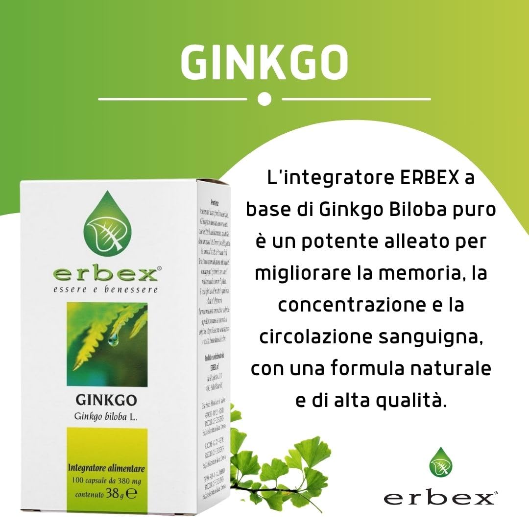 ERBEX - Integratore Ginkgo Biloba Vegano Forte per Prevenire Invecchiamento, Azione Antiossidante, Aiuto Naturale per Memoria e Funzioni Cognitive Ginkgo Biloba in Capsule