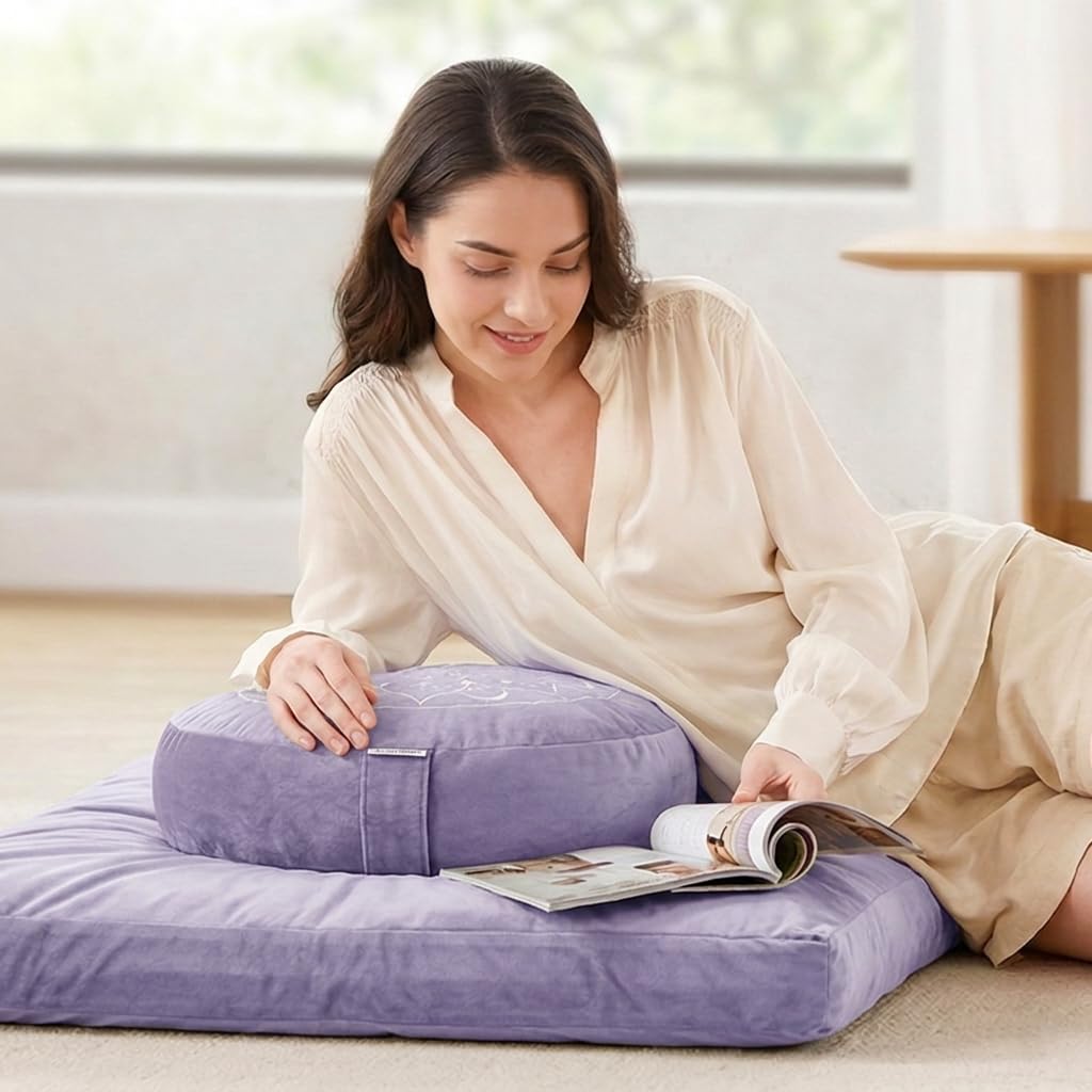 Hihealer Ensemble Coussin de Méditation et Tapis Zabuton - Grand Zafu et Tapis de Méditation pour Hommes et Femmes, Idéal pour Yoga, Relaxation et Pleine Conscience (Violet, 40x40x13cm & 80x80x8cm)