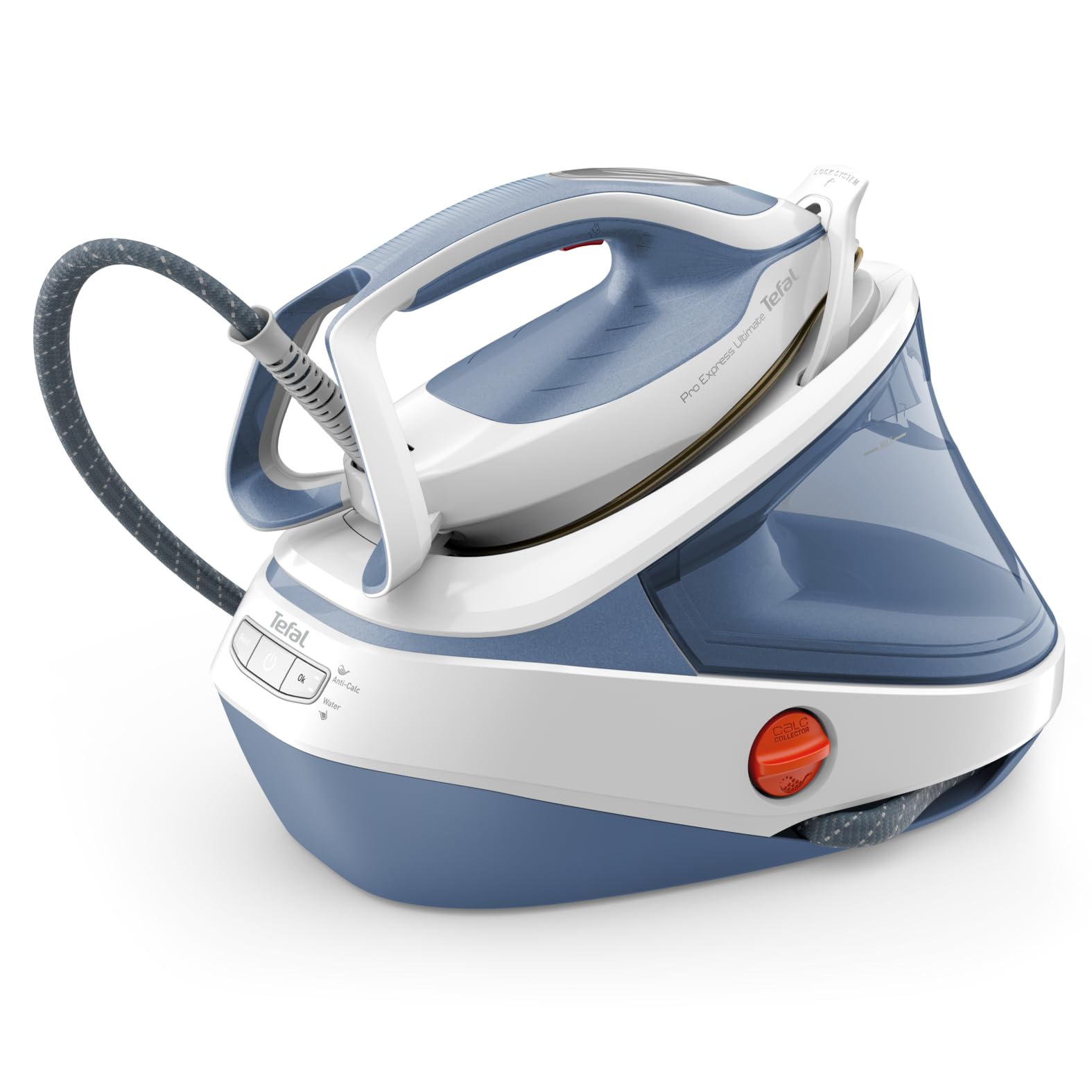 Tefal Pro Express Ultimate Dampfbügelstation, 7,6 Bar Dampfdruck, konstante Dampfabgabe: 155 g/Min., Dampfstoß: 580 g/Min., ohne Einstellungen, vertikale Dampffunktion, Weiß/Blau, GV9710