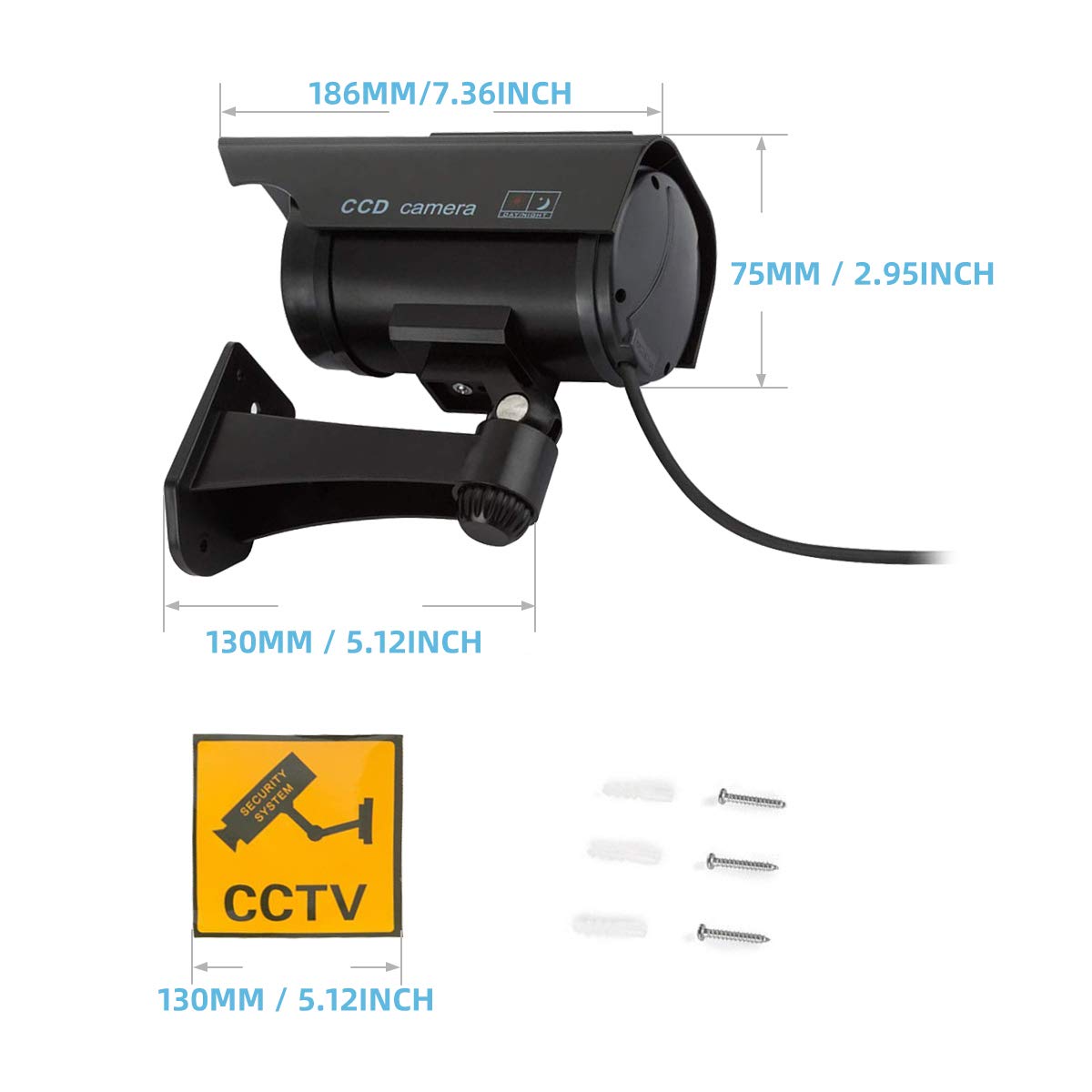 Dummy cámara de Seguridad, Sistema de vigilancia CCTV Falso, con Luces Intermitentes Rojas realistas y Adhesivo de Advertencia para Interior y Exterior (1, Negro)