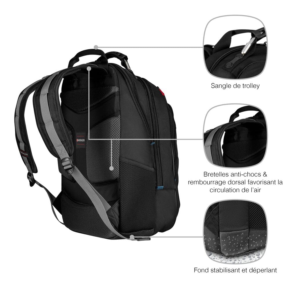 WENGER Carbon Sac à Dos pour Ordinateur Portable 17 Pouces, Système d’Organisation, Femmes Hommes, Bureau Affaires Uni, Noir