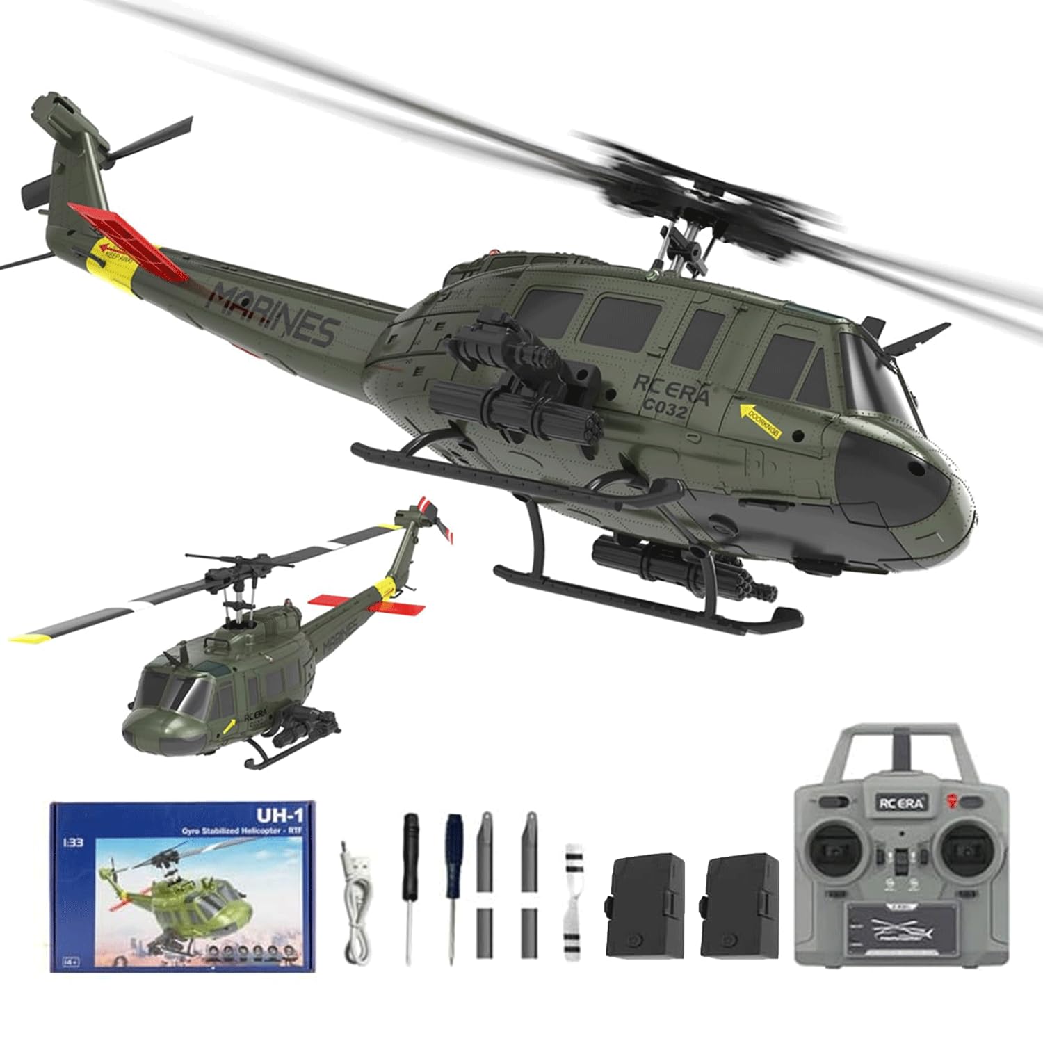 NULA RC ERA C032 UH-1 Huey RC Helicopters, 1/48 Scale 6CH 2.4G 6-Axis Gyro Stabilized Military Aircraft with 3D Inverted Flight & Altitude Hold for Adults Beginners (RTF / 2 Battery)