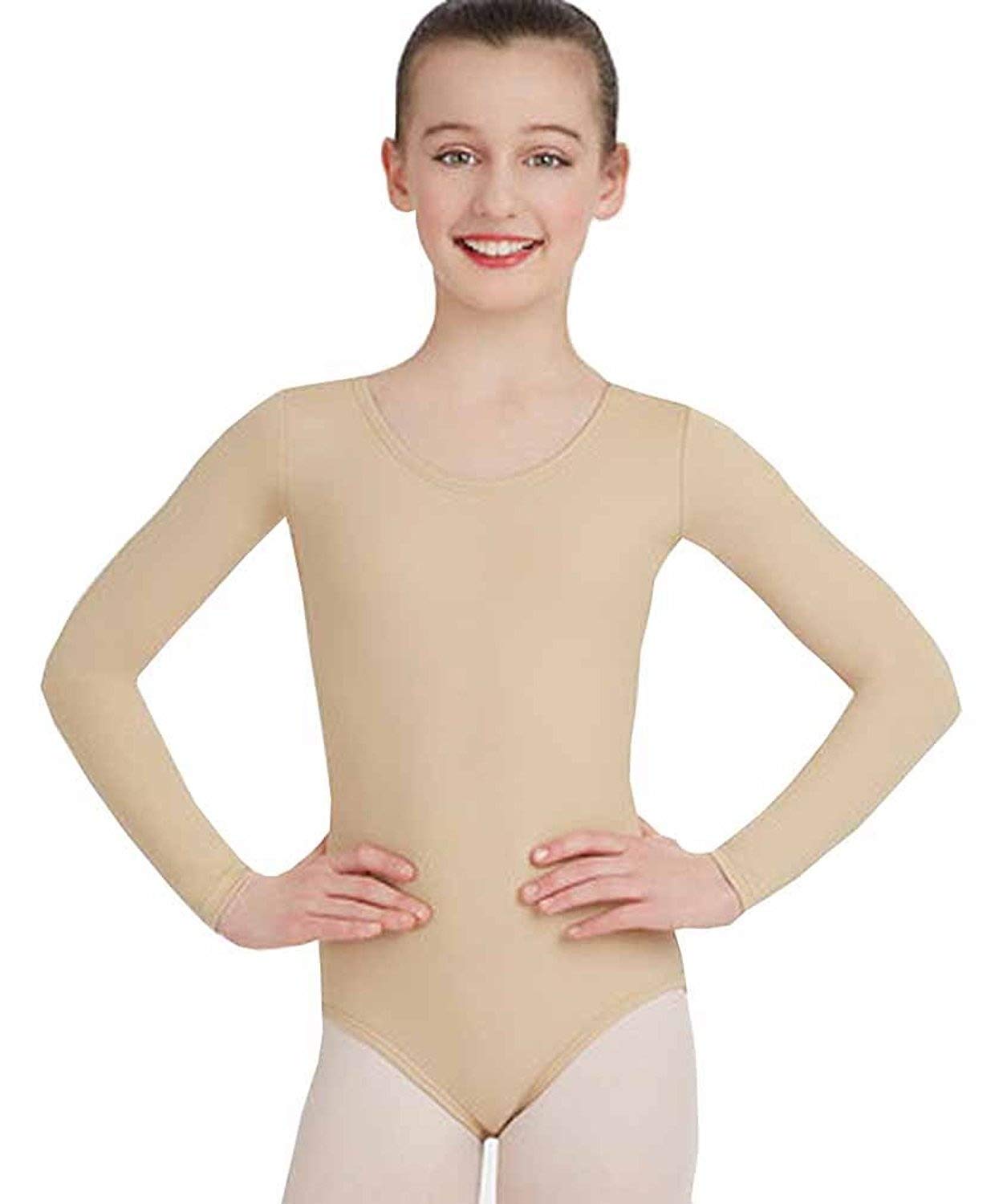 elegance1234 Girl`s Cotton Long Sleeve Leotard/Bodysuits Stretchy Dance-Gym-Ballet-Sports(ref:3350) (M-UK12 (38), Skin)