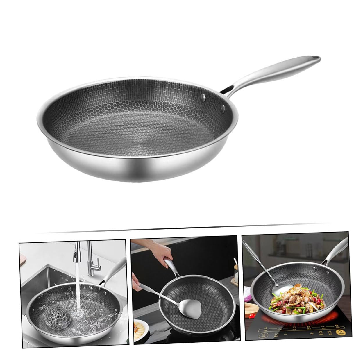 Gadpiparty Padella Antiaderente Nido D’ape in Acciaio Inox 28 Cm, Padella Piccola per Friggere Uova e Bistecche Fondo Piatto e Impugnatura Ergonomica, per Uso Domestico su Tutti i Fornelli