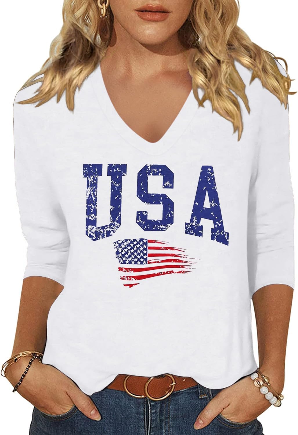 Womens 3/4 V Neck Sleeve American Flag Shirts 4th of July Summer Shirts Graphic Tops
