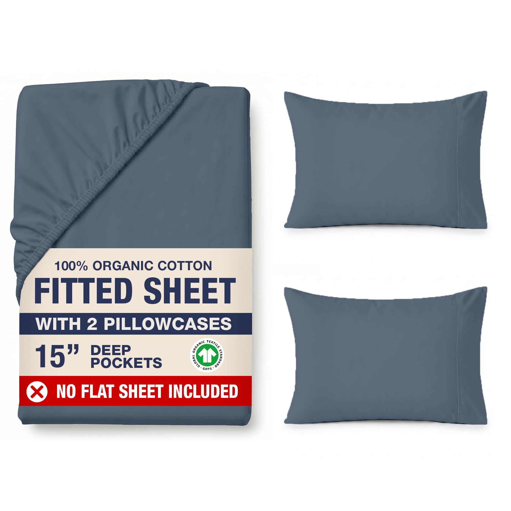LANE LINEN 100% Organic Queen Size Fitted Sheet(+Pillowcases), Soft & Comfy Fully Elasticized Naturaly Temperature Regulating for Hot Sleepers Deep Pocket Fits Mattress Upto 15"- Estate Blue โ image 1