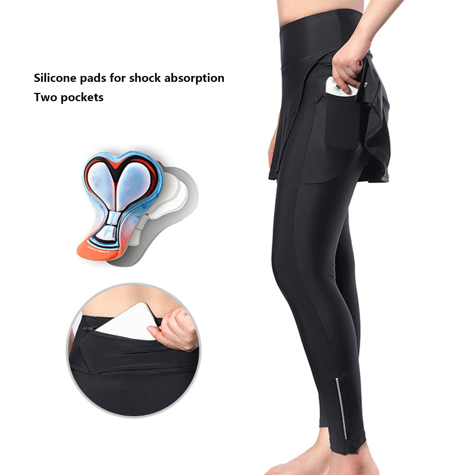Schwarz,XXL, 2-In-1 Radrock füR Damen – Gepolsterte 5d-Gel-Radhose (Lang) mit Rockaufsatz – High-Waist-Radhose mit Rock und Taschen