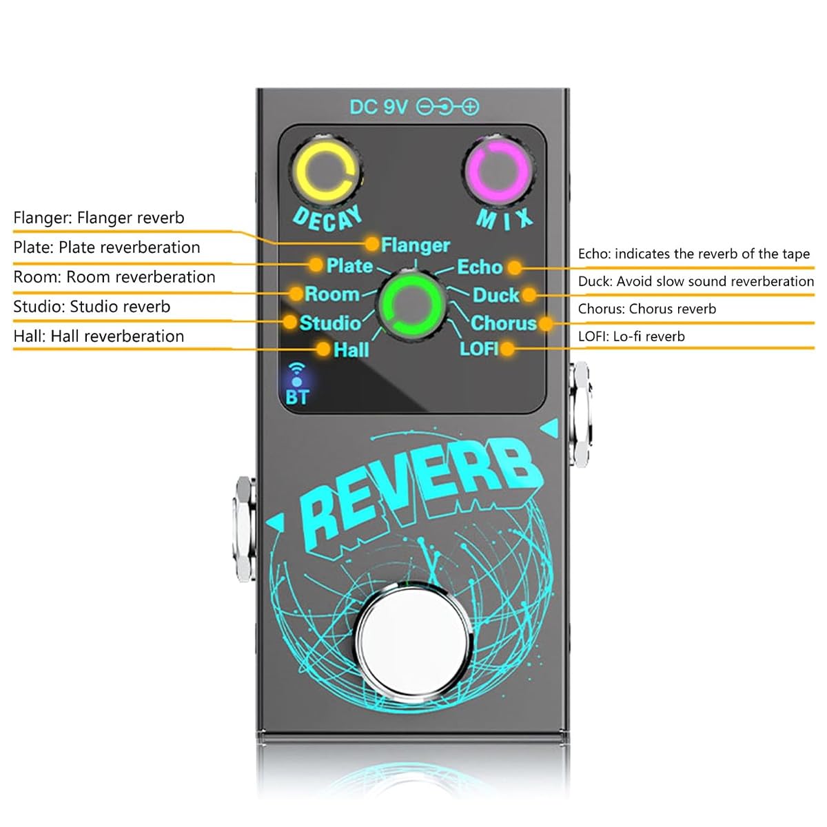 Efecto de reverberación Digital para Guitarra, 9 Tonos de reverberación, Pedal de Efectos de Guitarra, acompañamiento, decaimiento/Mezcla, perillas de Control Luminosas