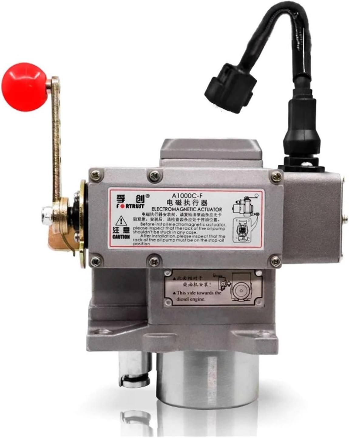 GERRIT A2000C-F Actuator with warning labels. Text reads: 'Before install electromagnetic actuator, please make sure the mobility of the pump rack shouldn't be stuck in any case.' and 'This side towards the diesel engine.'