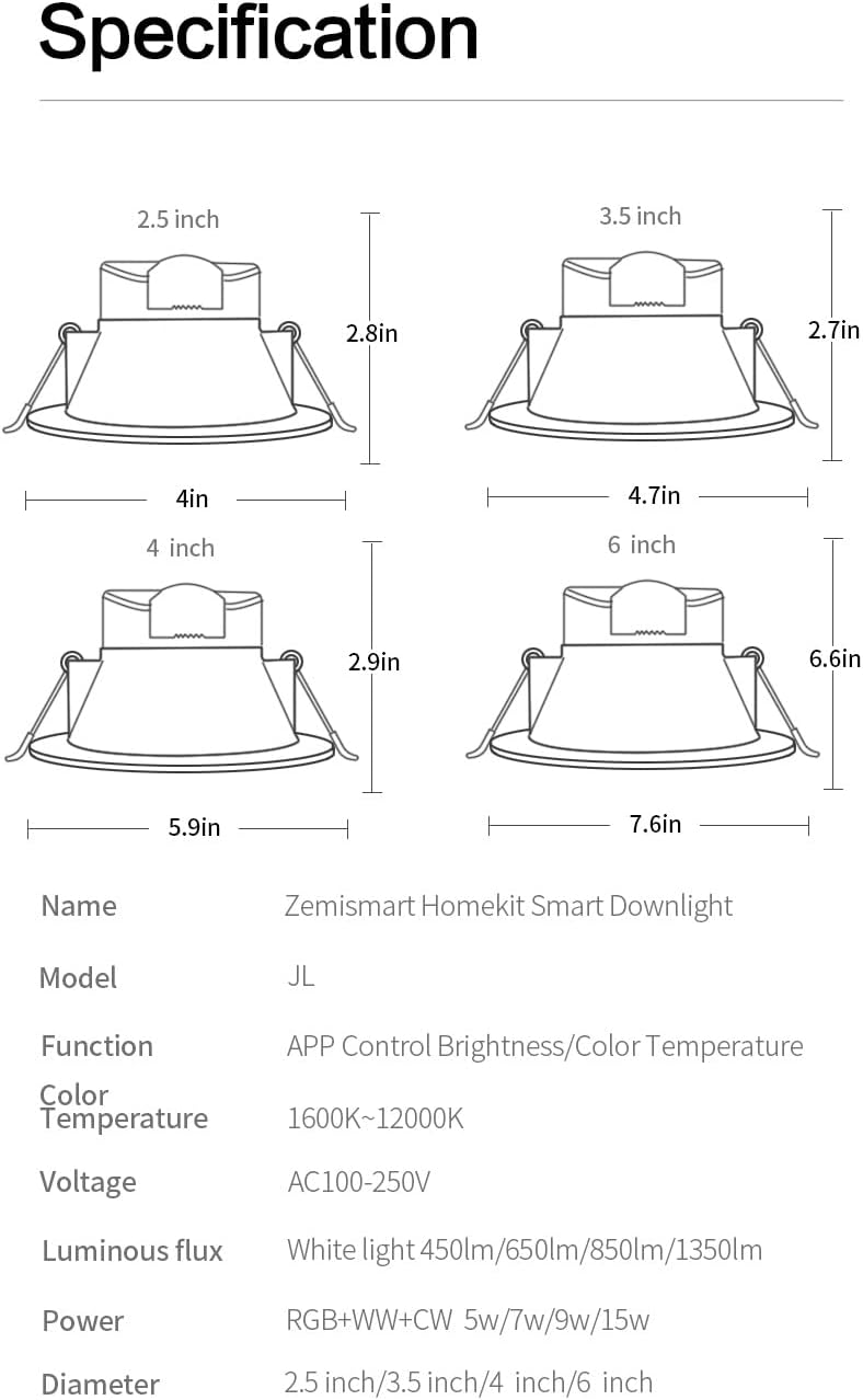 Detailed Specifications and Dimensions for Zemismart Downlights