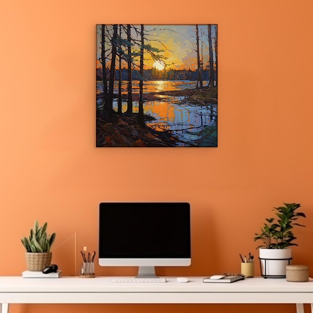 Canvas for Living room. Tranquil Wilderness at Dusk: A Painting of Serenity in Sun's Embrace, 27 x 18 inch Canvas Wall Art - Contemporary Masterpieces - Modern Home Decor