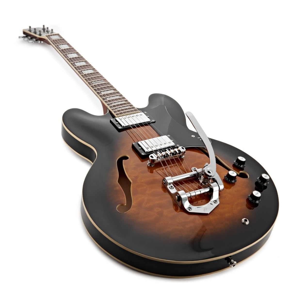Hartwood Revival Legend TR Semi-Acustica e Custodia, Sunburst | Include Custodia Rigida, Vibrato Sfumato tramite Braccio Tremolo Integrato, Corpo Semi-Cavo in Tiglio, Sunburst