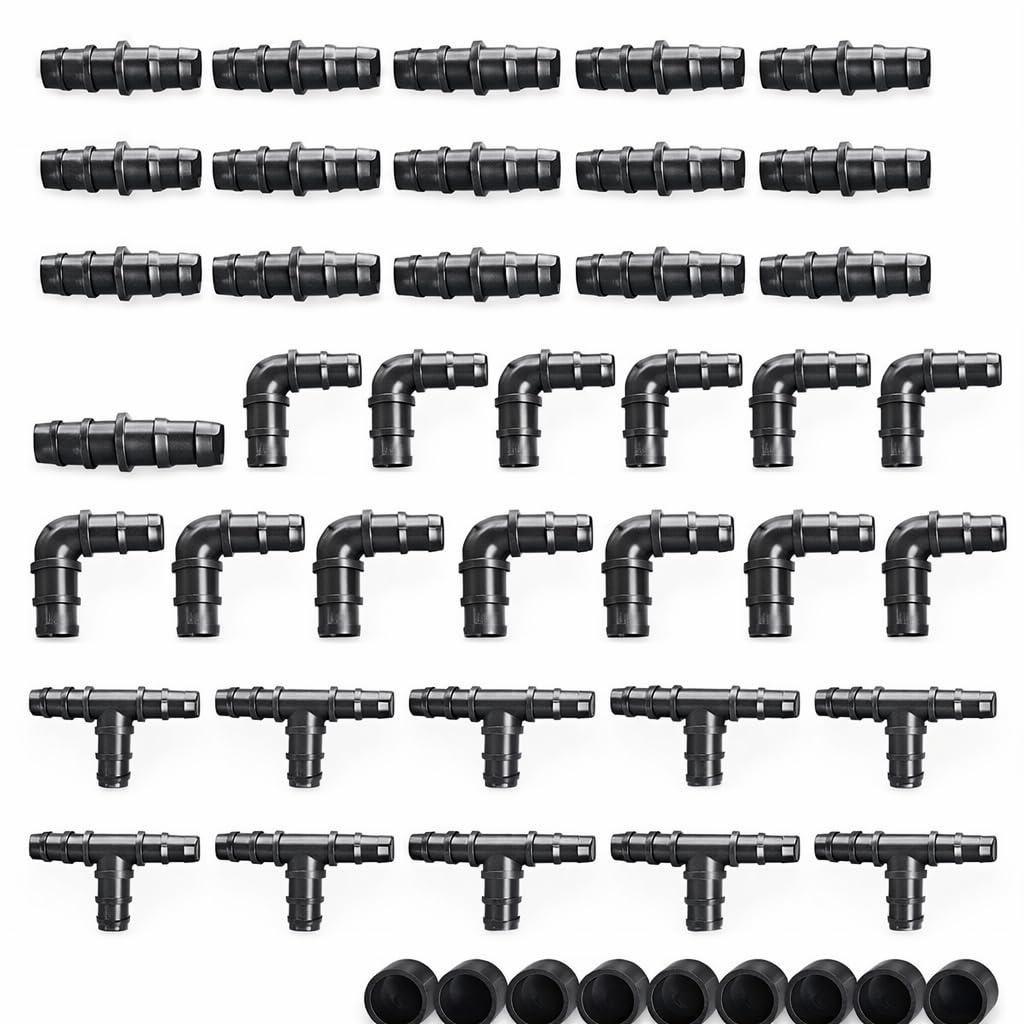 Kit 100 Raccordi Irrigazione a Goccia 20mm – 30 Manicotti a giunzione, 30 Tee, 30 Curve, 10 Tappi Fine Linea – Compatibile Tubo Polietilene 20 mm – Facile Installazione