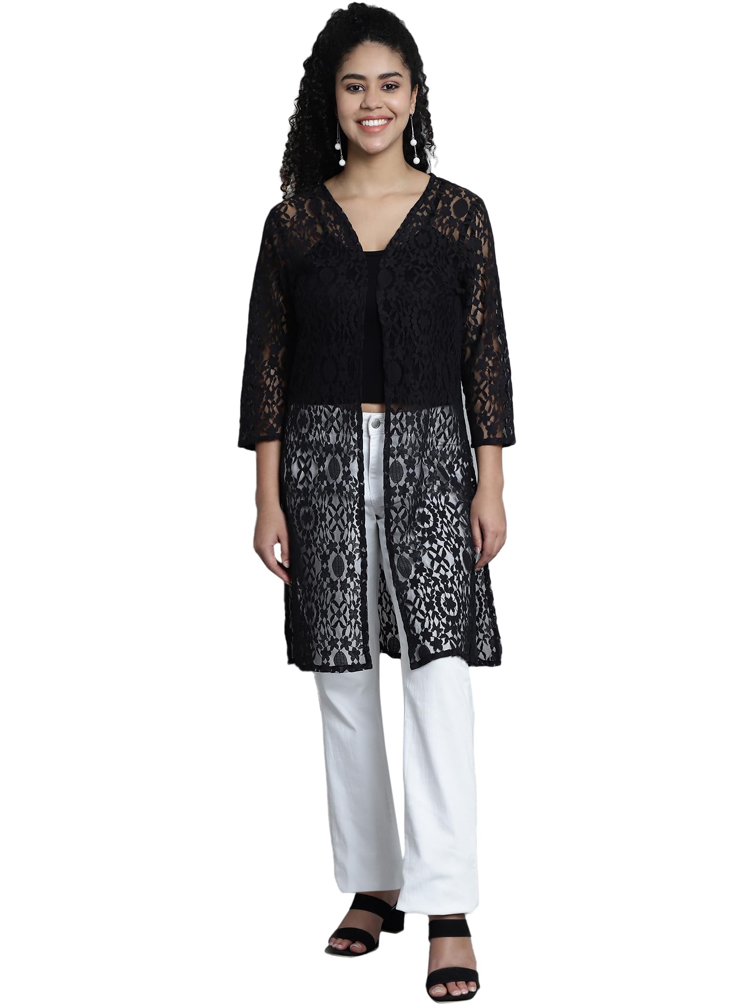 fineme Latest Women Front Open Self Designed 3/4th Sleeves Long Shrug 4XL Black-picture-14