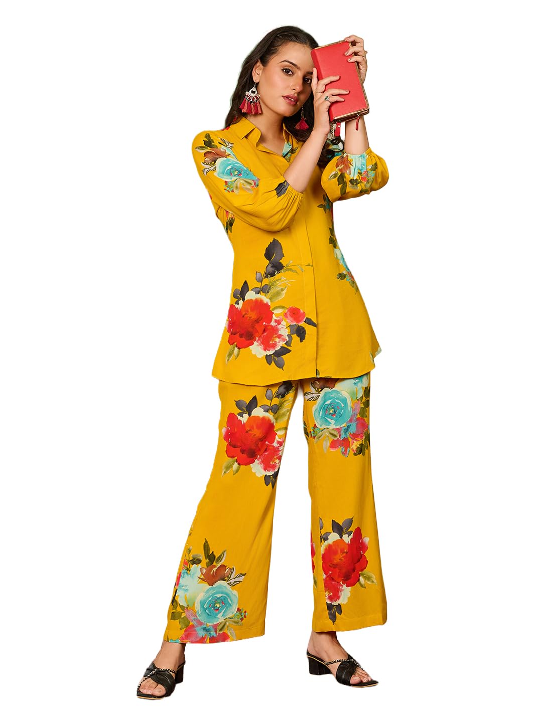 Women's Printed Silk Blend Mustard Shirt Trousers Co-Ords(VC_5015CO)-image-45