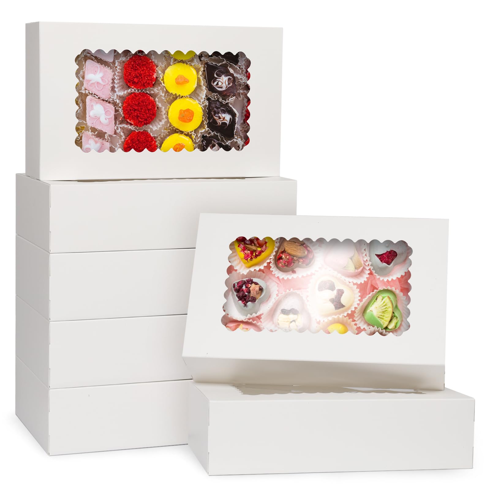GXFCING 24Pcs Bakery Boxes with Window, 10 x 6 x 2.5 inch Cookie Box, White Rectangular Food Grade Cardboard Boxes for Pastry, Biscuit, Macaron, Brownie, Chocolate, Cake Packaging