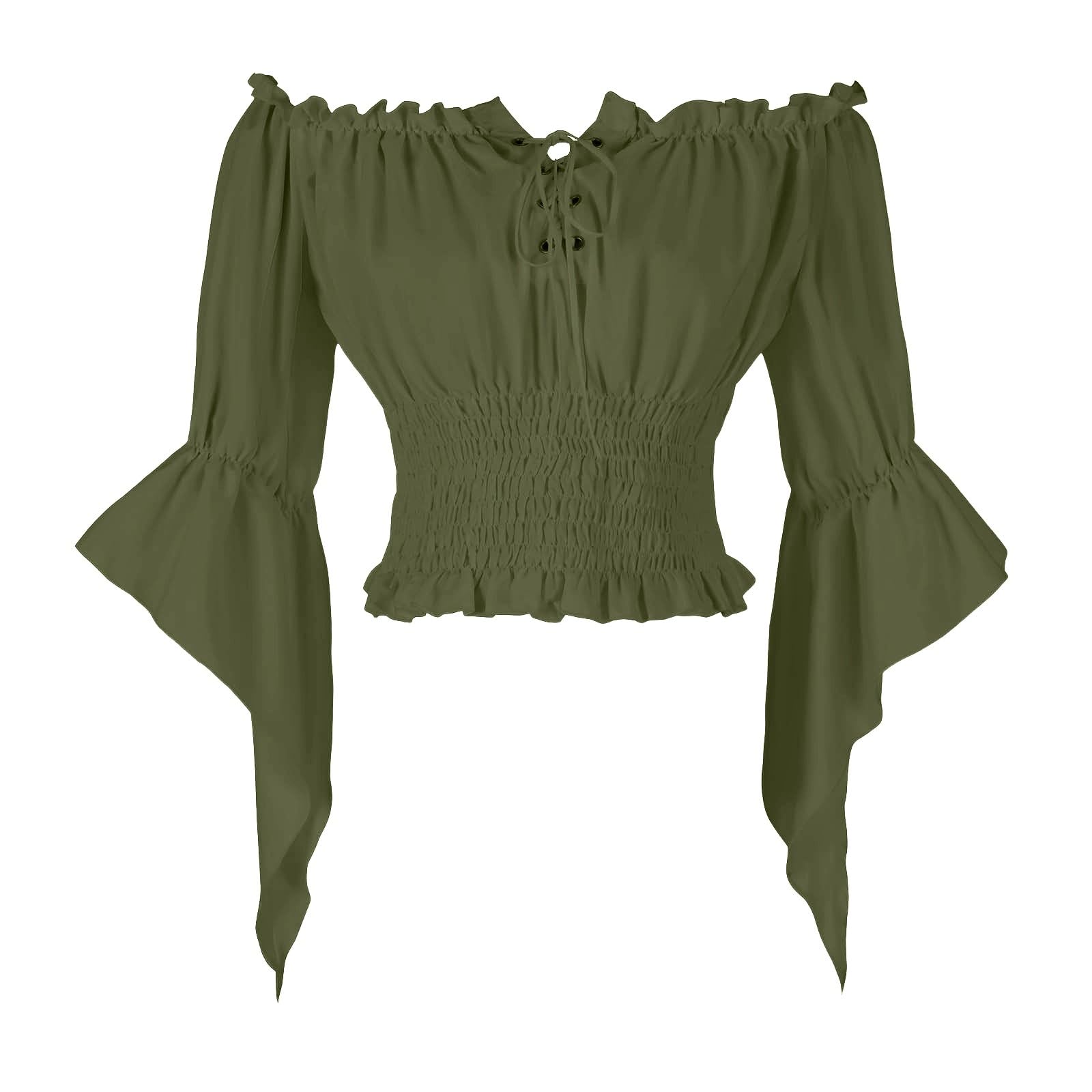 HAOLEI Women Victorian Tops Off Shoulder Ruffle Shirts Elastic Waist Medieval Costumes Renaissance Pirate Trumpet Long Sleeve Peasant Blouses Army Green โ image 1