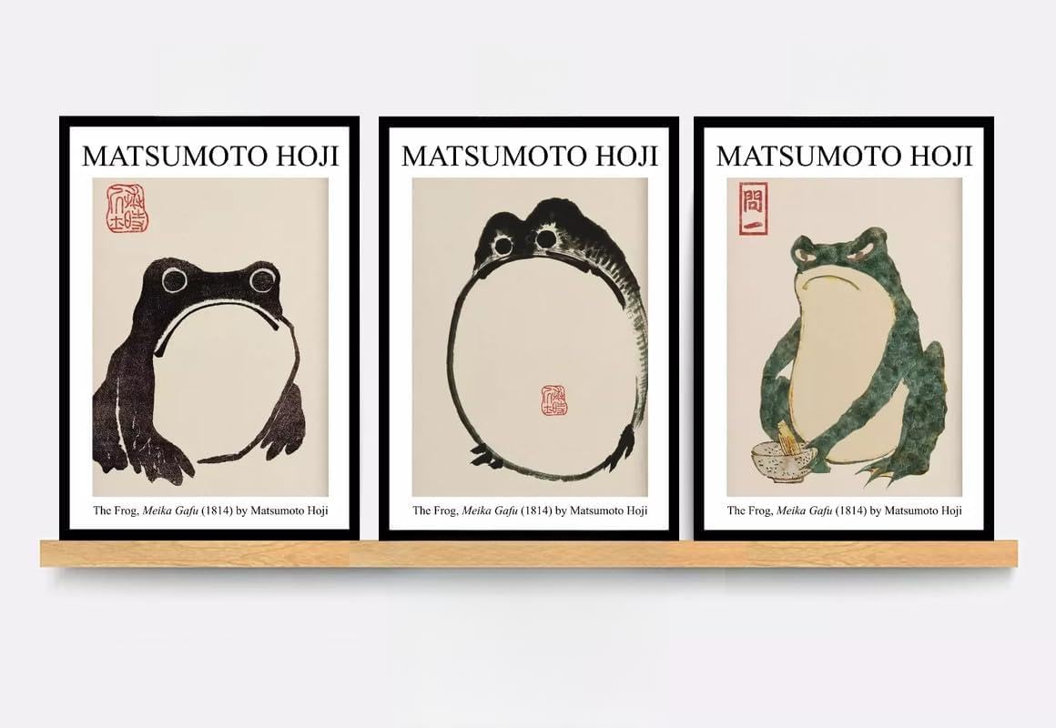 Matsumoto Hoji Japanese Set of 3 Frog Print Wall Art Poster Modern Prints - 3x A3 Canvas - Triptych mounted on pine frames readu to hang BensArt Triptych set 3 Three Stretched Mounted Multi Panel Wal