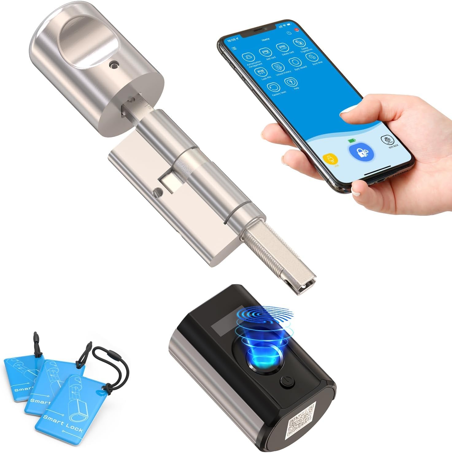 RUILON Touch63 Serrure connectée à empreinte digitale, cylindre biometrique | 40x30 Serrure biometrique porte d'entree avec 3 Cartes RFID, IP65, Intelligente, Portes 30-70 mm, Poignée avant amovible