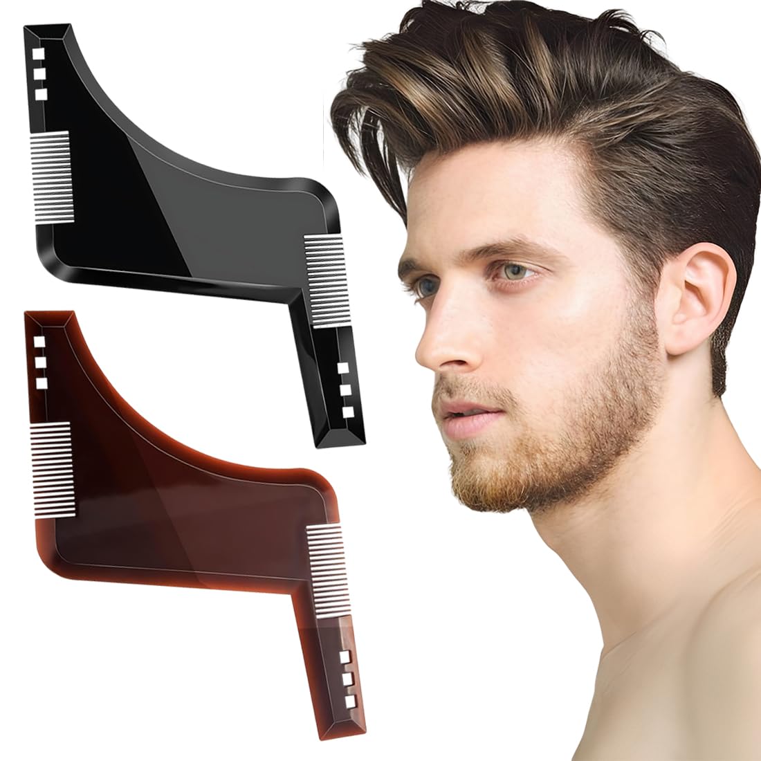 2 Pezzi di Modelli per Barba per Uomini, Pettini di Styling per Barba, Adatto per Barba al Mento, Basette e Barba al Collo, Marrone Caffè e Nero