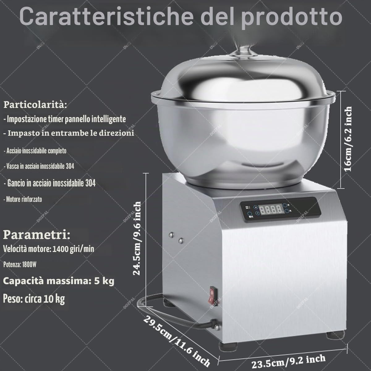 Impastatrice Commerciale da 5 kg/8 kg, Grande capacità, elettrica, con Doppia Rotazione, in Acciaio Inox, per Pane, Pizza, Gnocchi, Facile da Pulire 5kg