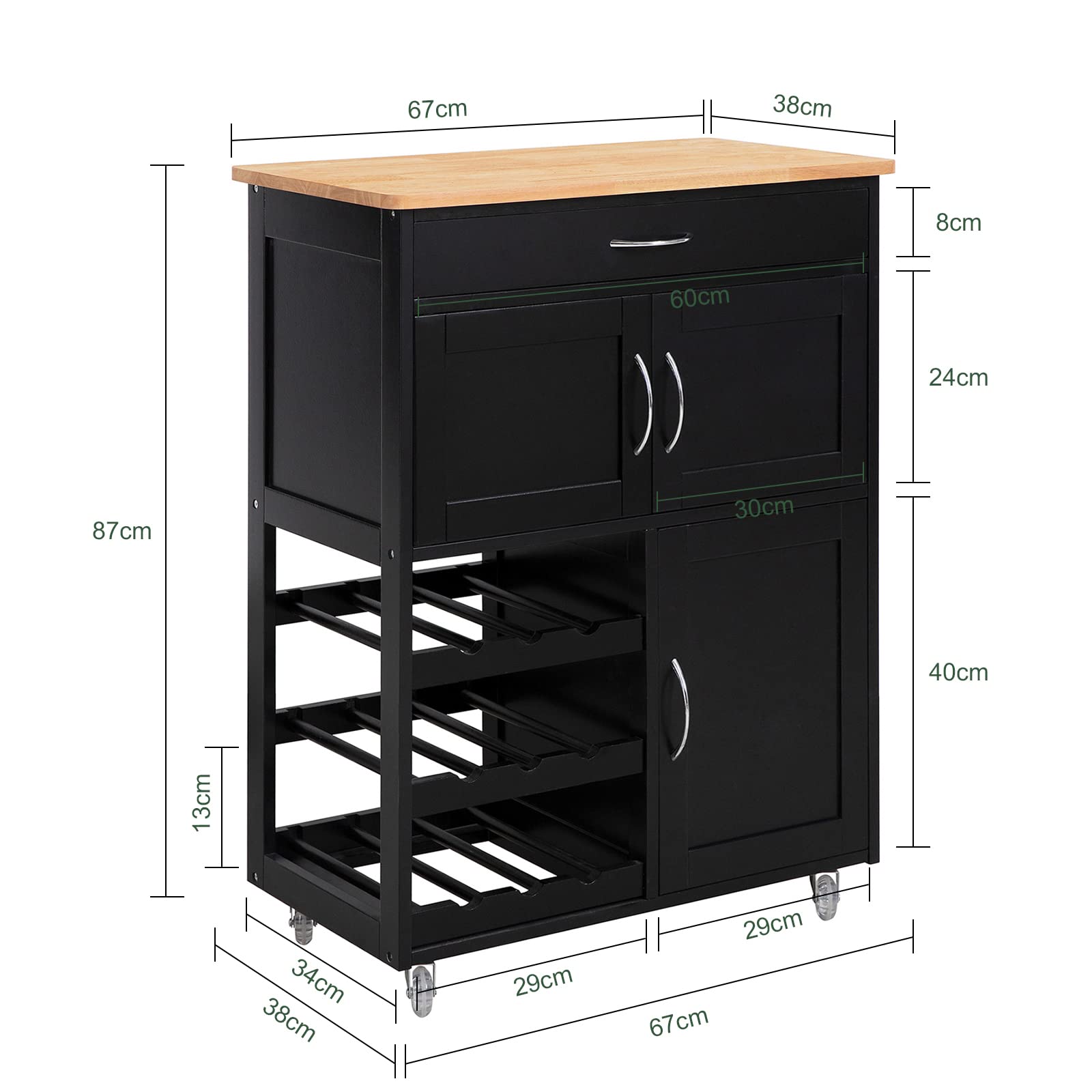 SoBuy Servierwagen mit Rollen und Weinregal 67x87x38 cm Küche und Outdoor | Küchenwagen mit Arbeitsplatte - Mobile Kücheninsel mit Schublade für kleine Küchen, Kaffee- & BBQ-Station MDF FKW45-SCH