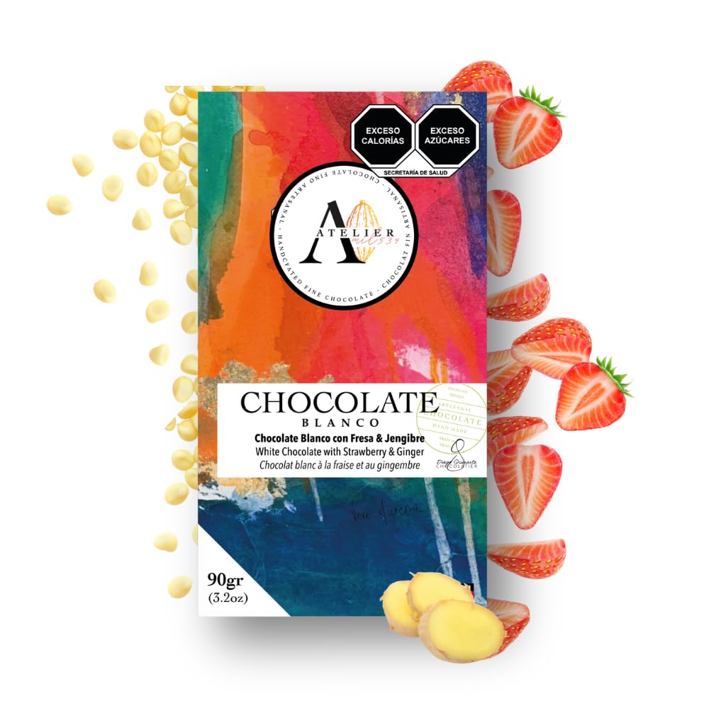 MIL534 | Chocolate BLANCO DE FRESA & JENGIBRE barra de 90 grs | Chocolate Natural elaborado de forma Artesanal con Cacao Sustentable | Libre de Gluten