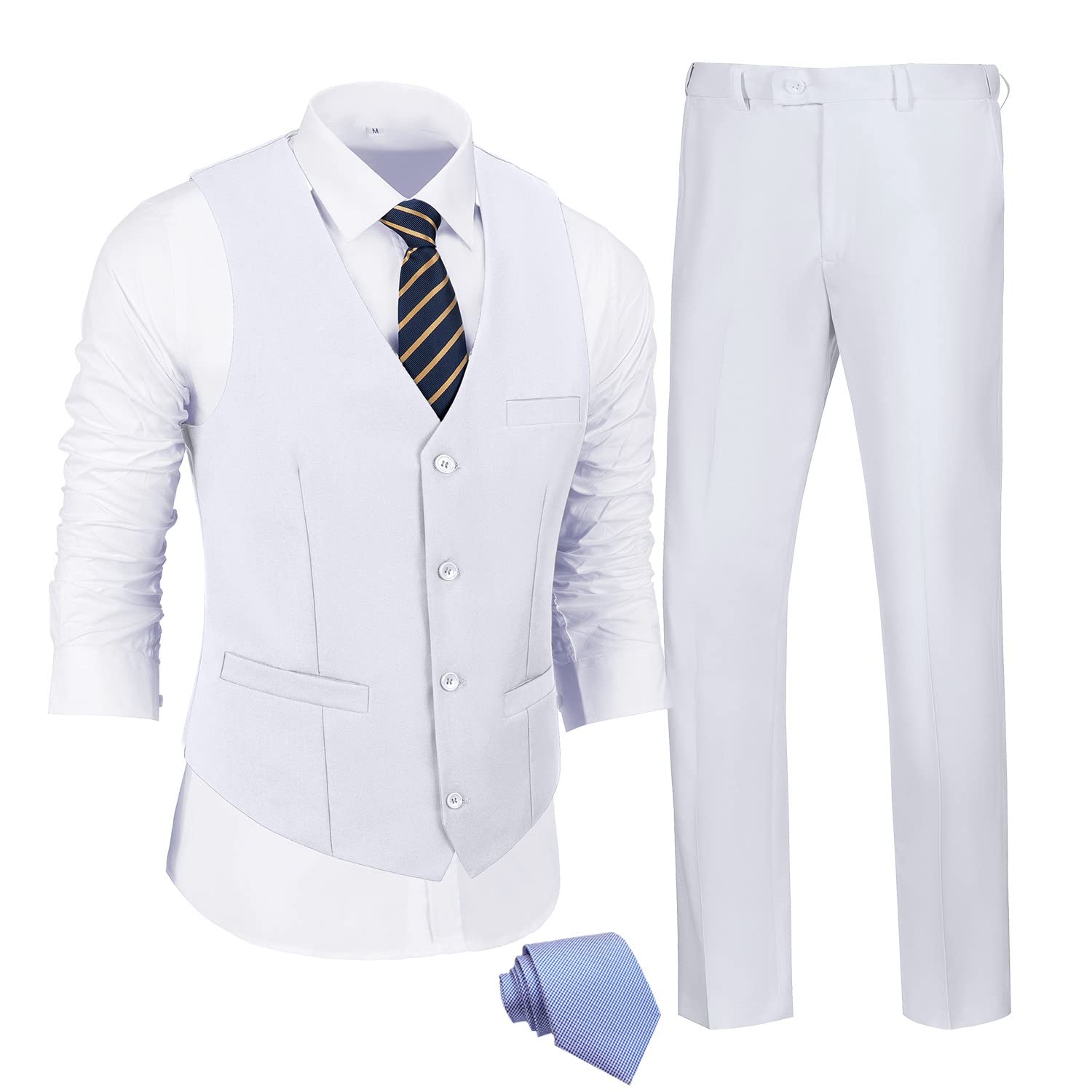 JPF Men's 2 Piece Slim Fit Suit Set, Solid Vest and Pants Suit for Men with Tie